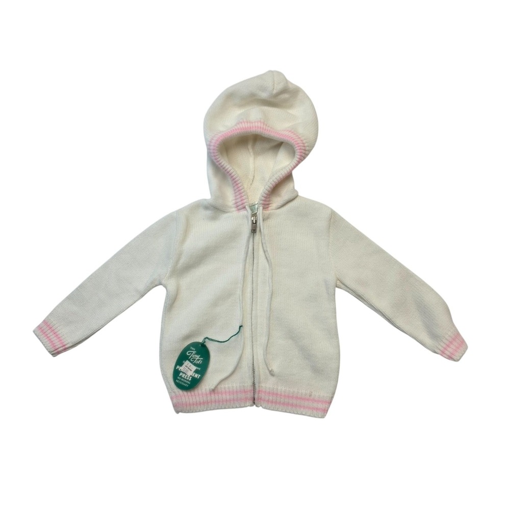 Vintage Tiny Tots‎ Original White Pink Trim Knit Hooded Cardigan Sweater